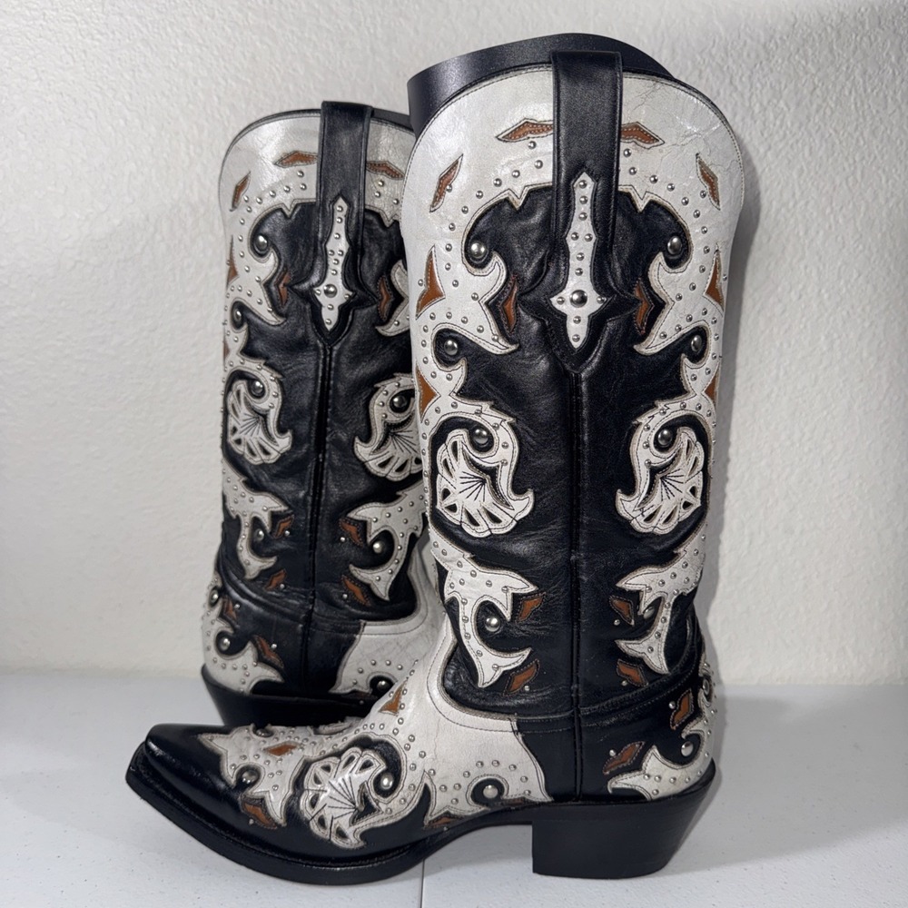 Lucchese Womens Black & White Studded Scarlette Cowboy Boots SZ 8 Western Gothic - Picture 5 of 16